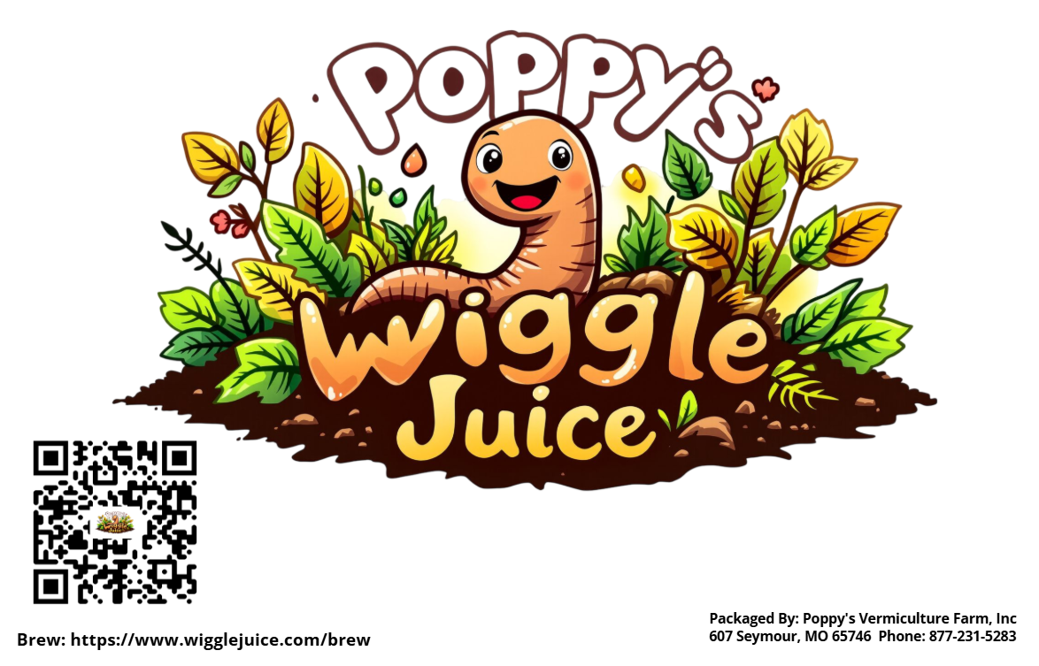 Poppy's Wiggle Juice kit box top with the cartoon worm logo, houseplant leaves, a QR code to wigglejuice.com/brew and farm address in Seymour, Missouri (Starter and Refill, 1 to 3 gallon brew)