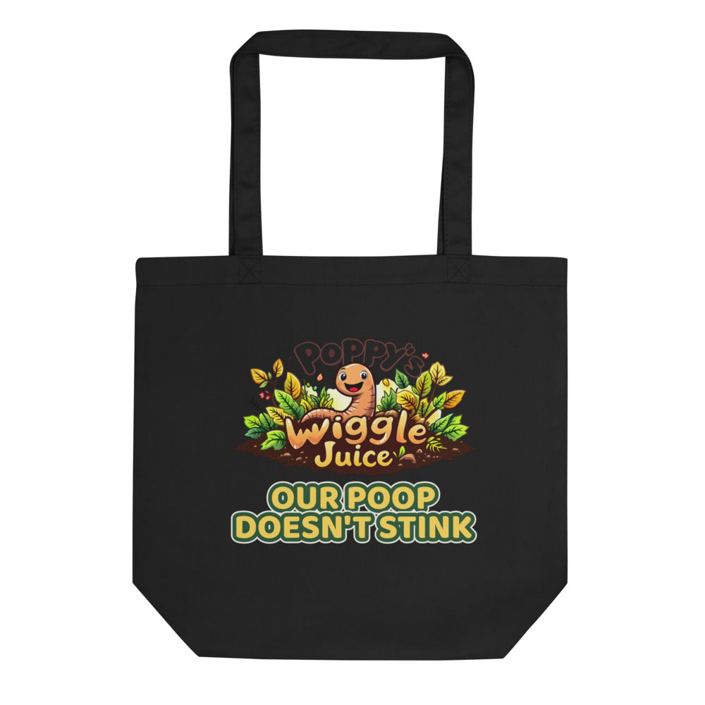 Poppy's Wiggle Juice eco tote bag in black, with the Poppy's Wiggle Juice logo