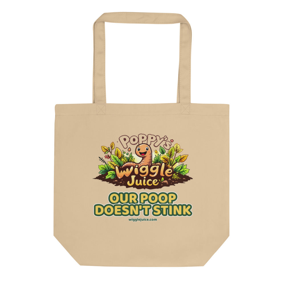 Poppy's Wiggle Juice eco tote bag in oyster, with the Poppy's Wiggle Juice logo