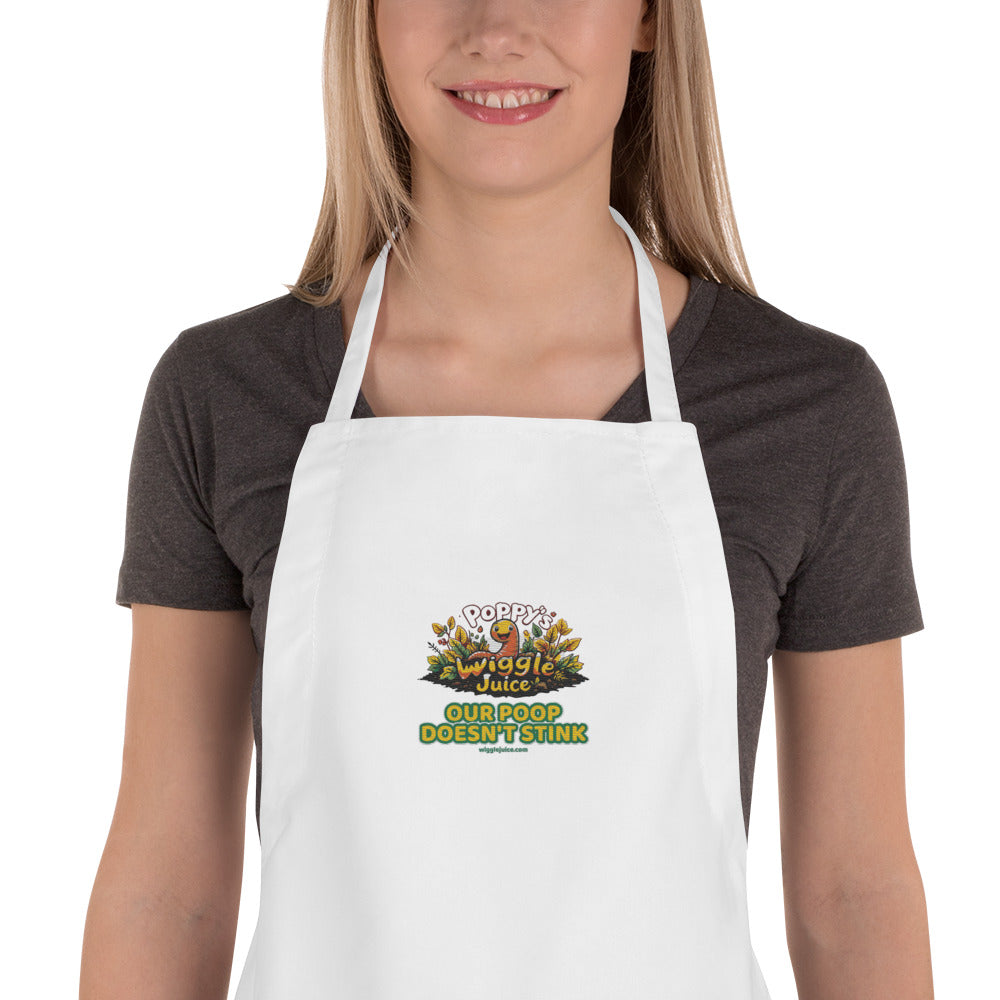 Poppy's Wiggle Juice embroidered apron in white, with the Poppy's Wiggle Juice logo