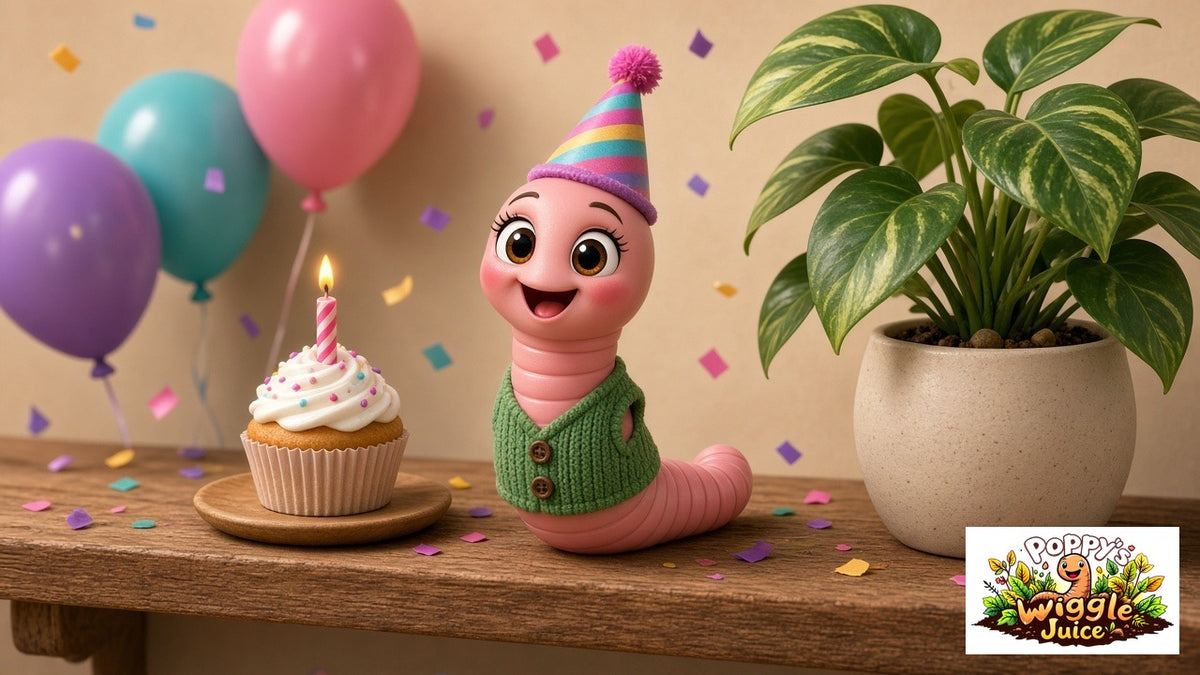 Birthday gift card with Poppy, our AI worm character, and the Poppy's Wiggle Juice logo
