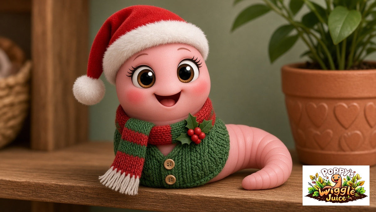 Christmas gift card with Poppy, our AI worm character, and the Poppy's Wiggle Juice logo