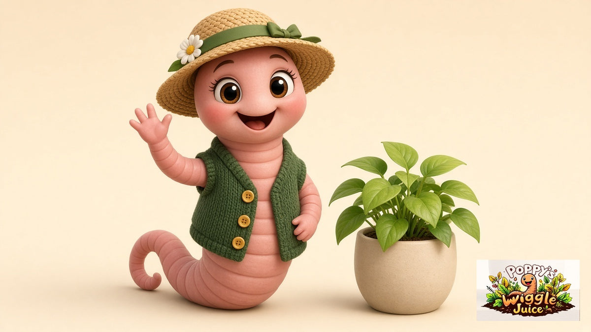 Poppy the worm in a green knit vest and straw sun hat next to a houseplant, with the Poppy's Wiggle Juice logo
