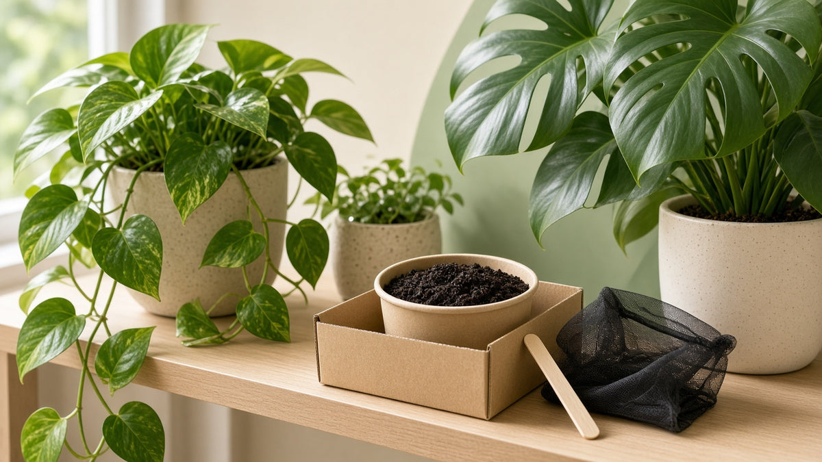 Pothos and monstera houseplants on a wooden shelf beside a Poppy's Wiggle Juice worm castings kit