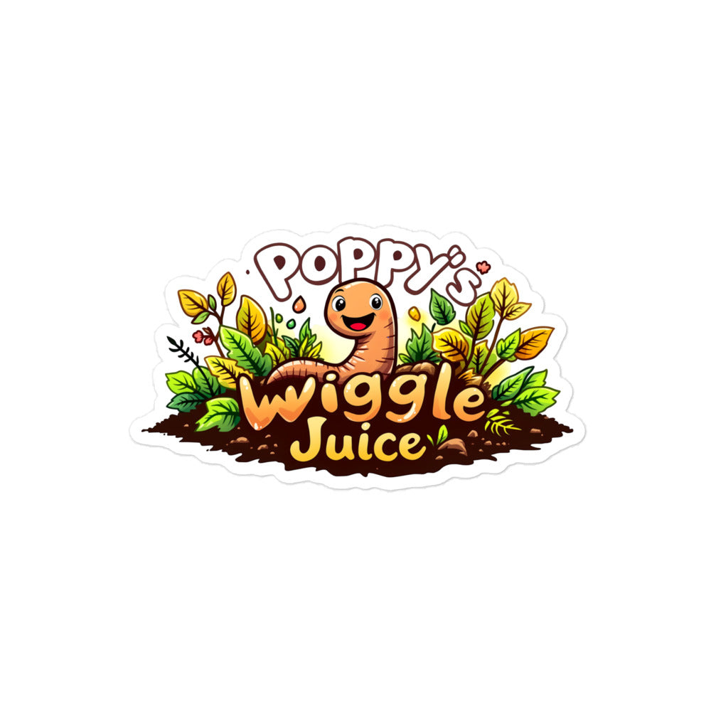 Poppy's Wiggle Juice 4 inch kiss-cut sticker in white, with the Poppy's Wiggle Juice logo