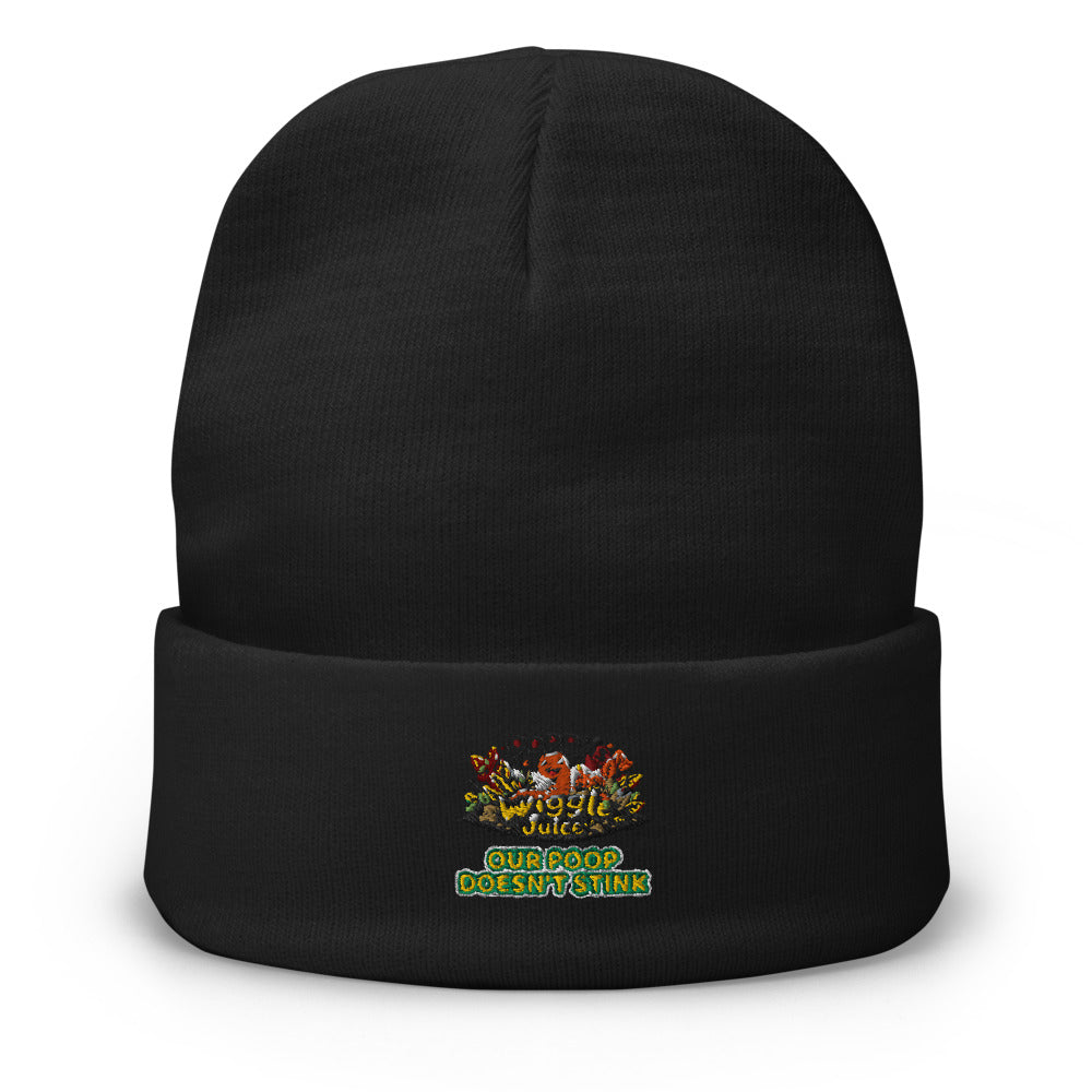 Poppy's Wiggle Juice embroidered beanie in black, front view, with the Poppy the worm logo