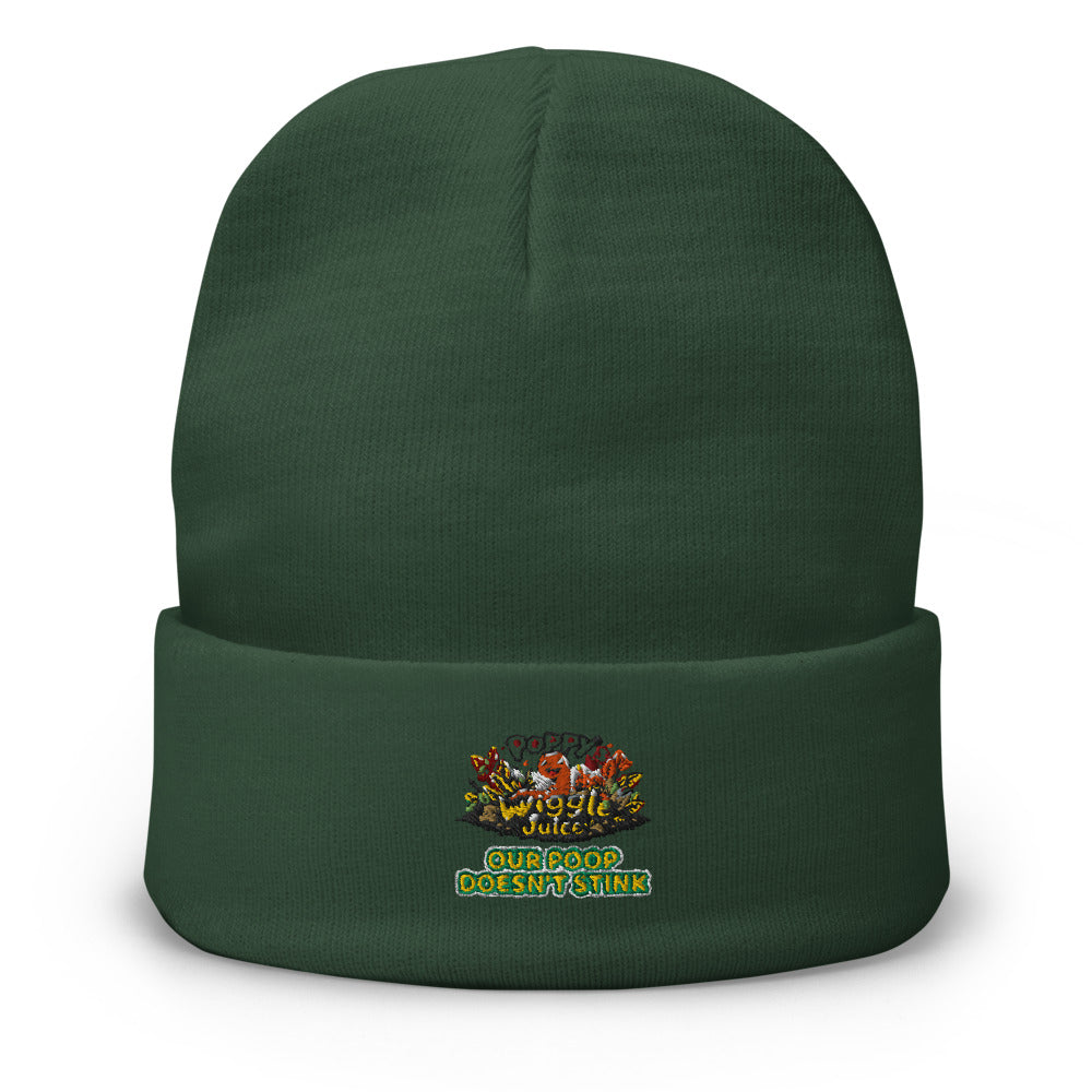 Poppy's Wiggle Juice embroidered beanie in dark green, front view, with the Poppy the worm logo