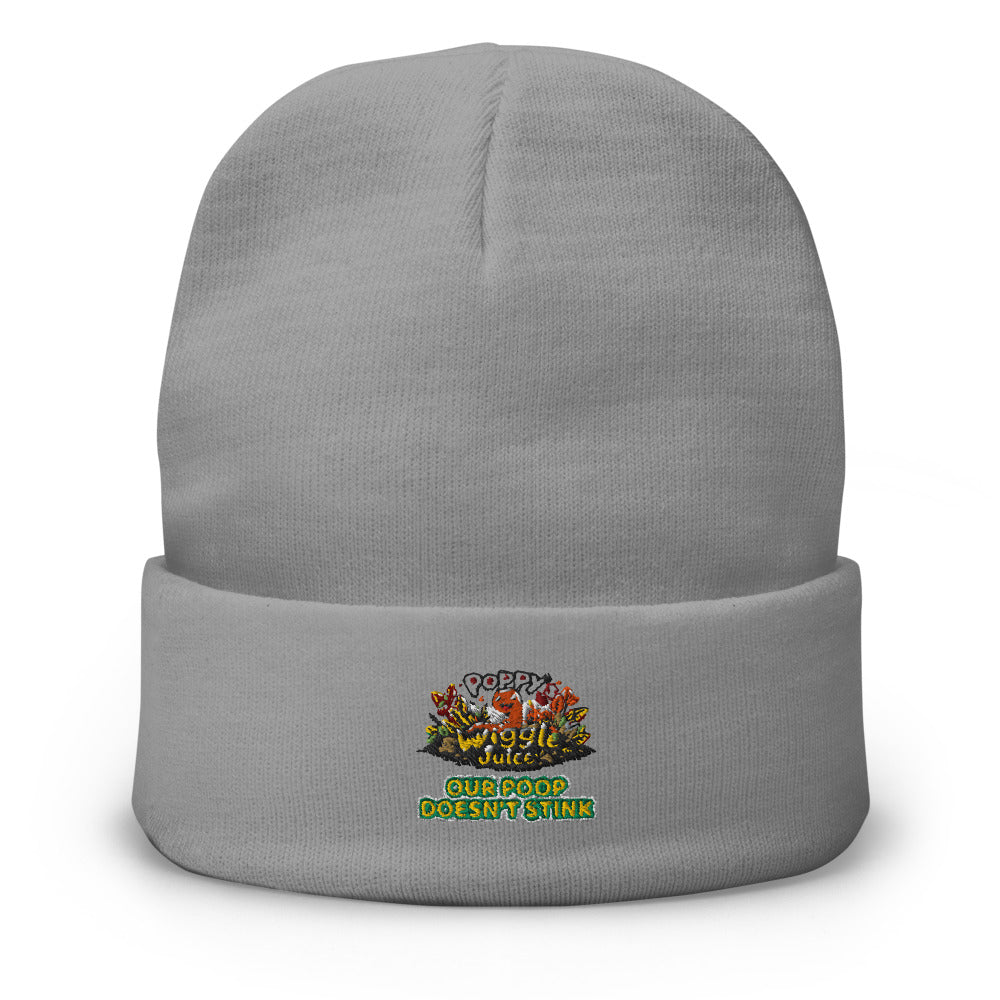Poppy's Wiggle Juice embroidered beanie in gray, front view, with the Poppy the worm logo