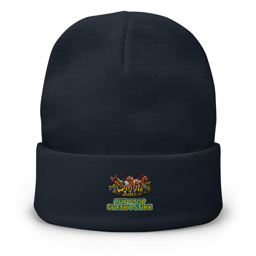 Poppy's Wiggle Juice embroidered beanie in navy, front view, with the Poppy the worm logo