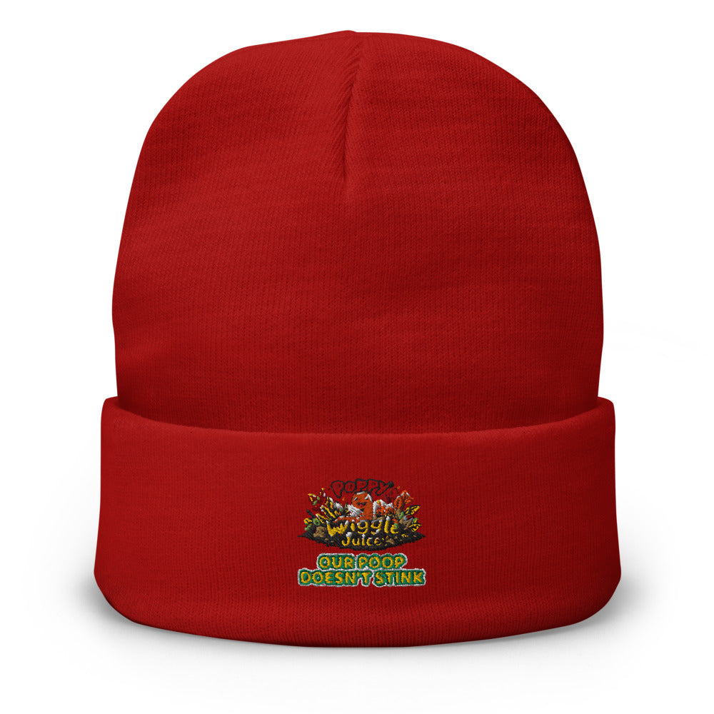Poppy's Wiggle Juice embroidered beanie in red, front view, with the Poppy the worm logo