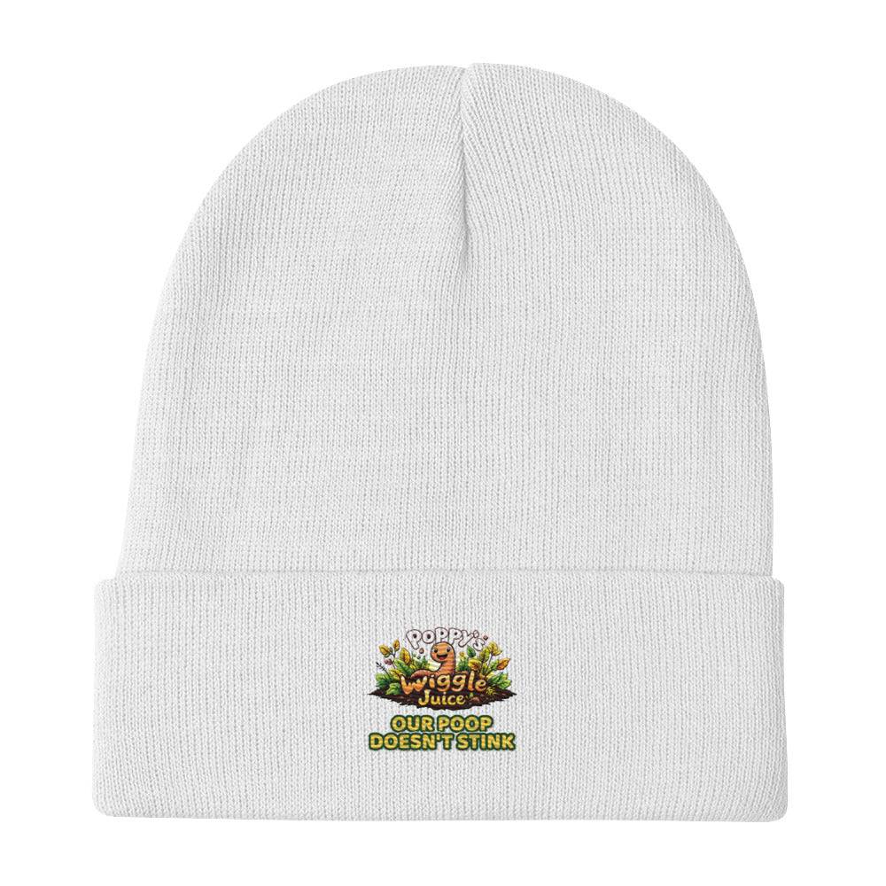 Poppy's Wiggle Juice knit beanie in white, front view, with the Poppy the worm logo