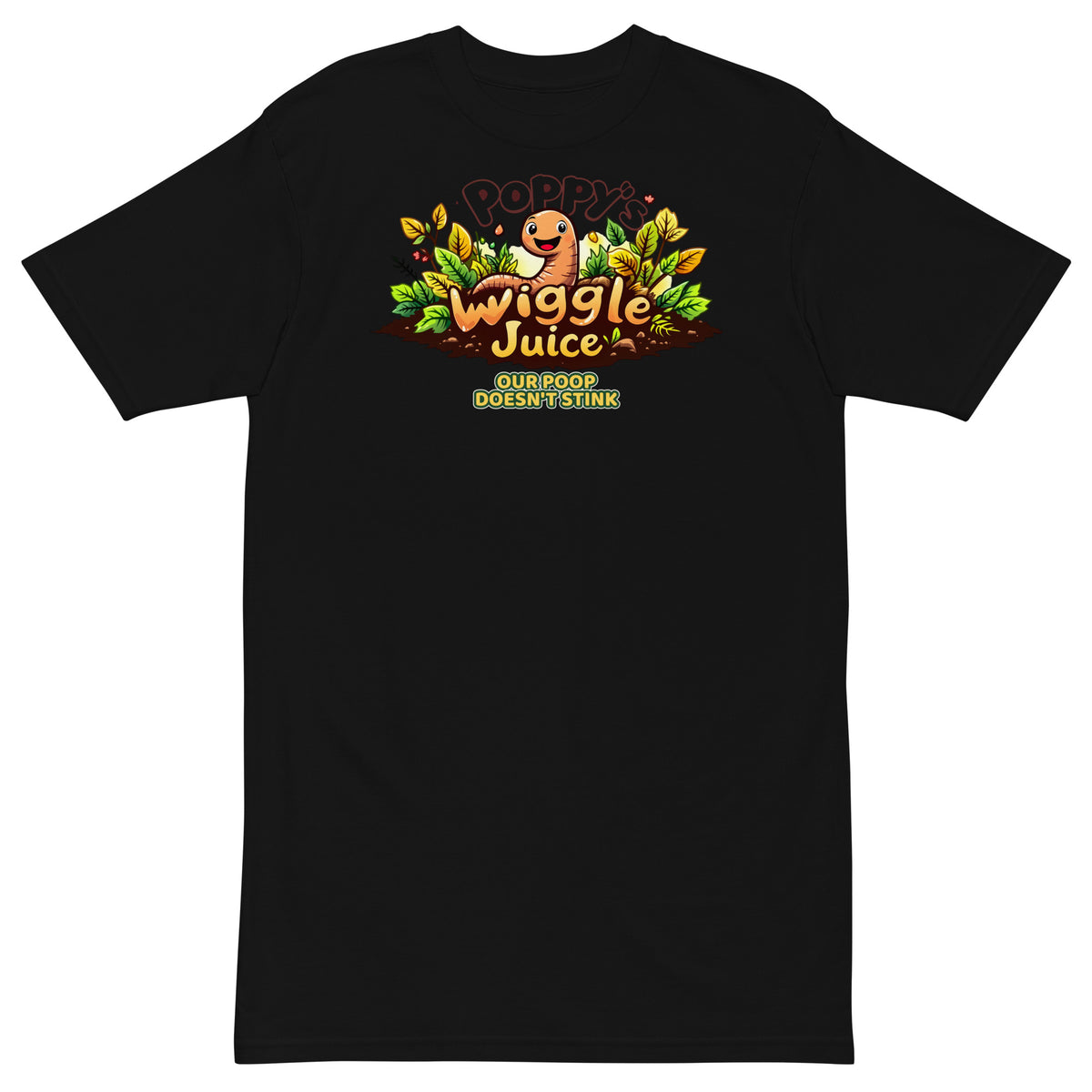 Poppy's Wiggle Juice heavyweight tee in black, front view, with the Poppy the worm logo