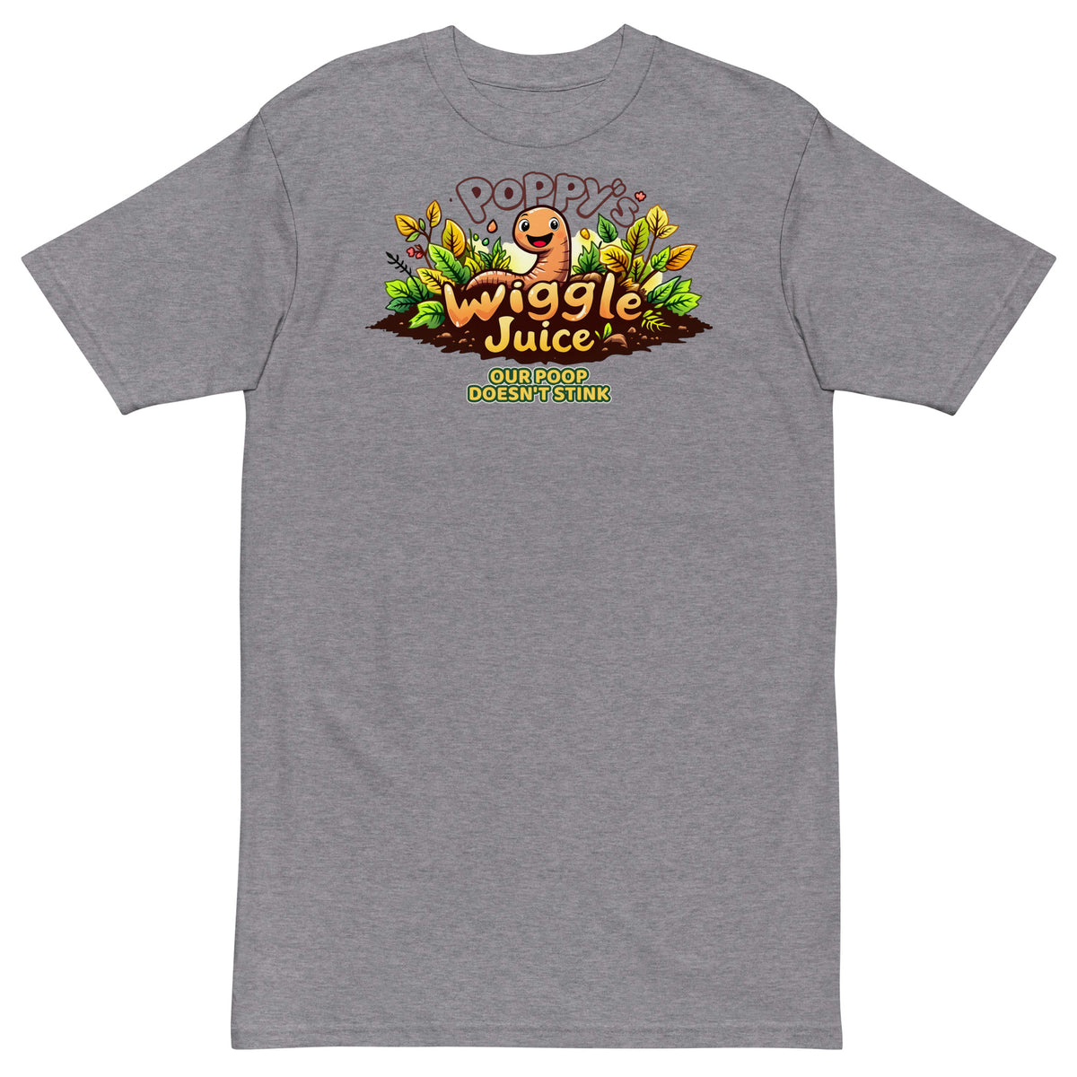 Poppy's Wiggle Juice heavyweight tee in carbon grey, front view, with the Poppy the worm logo