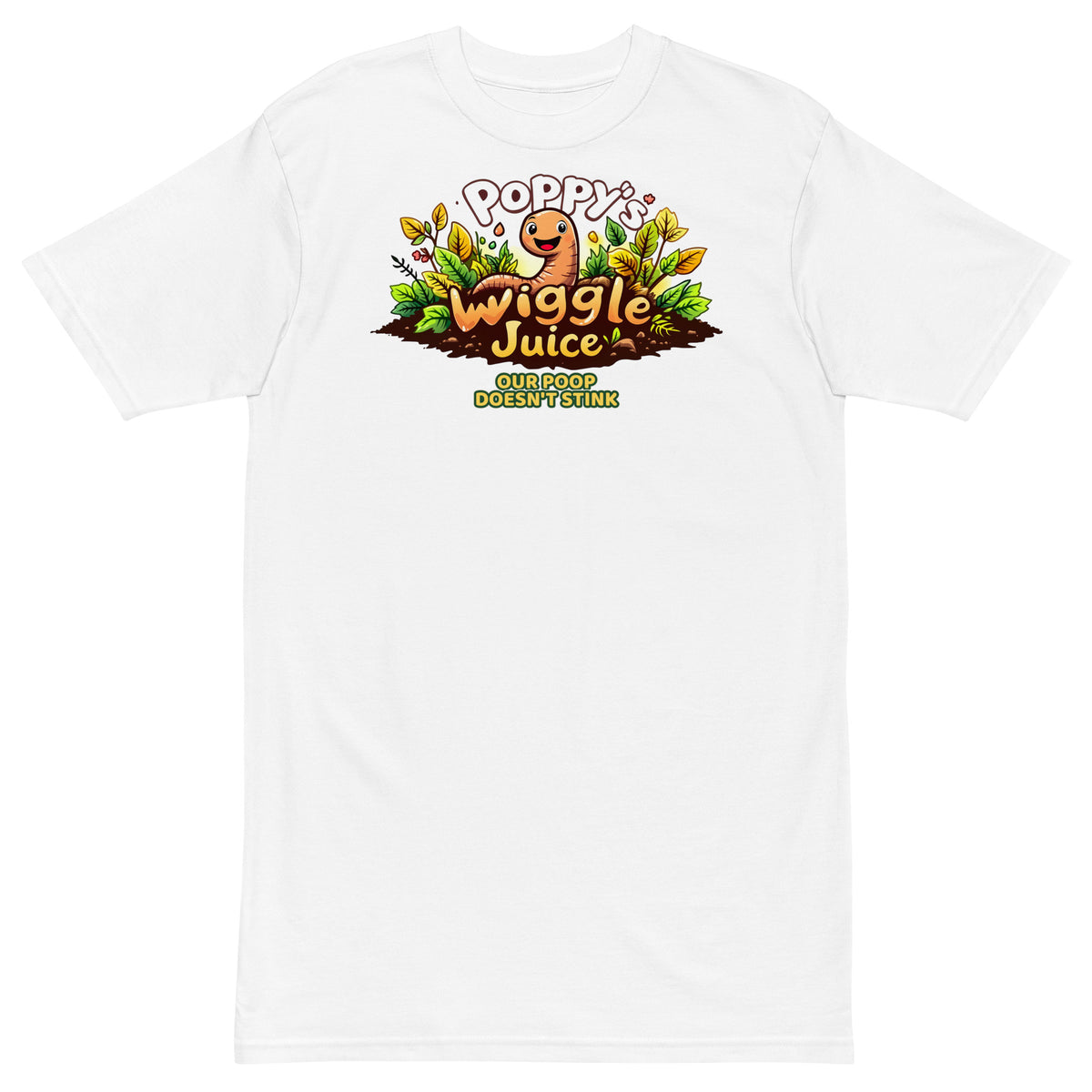 Poppy's Wiggle Juice heavyweight tee in white, front view, with the Poppy the worm logo