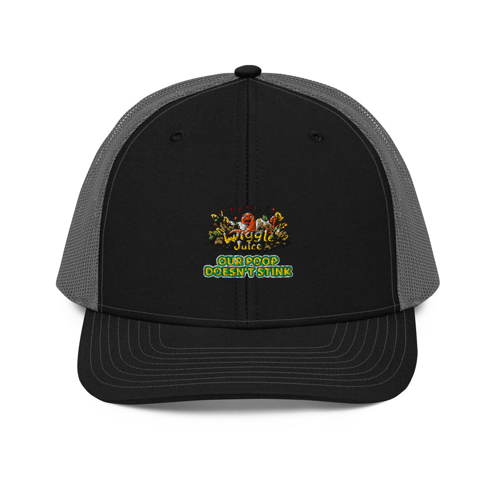Poppy's Wiggle Juice snapback trucker cap in black / charcoal, front view, with the Poppy the worm logo