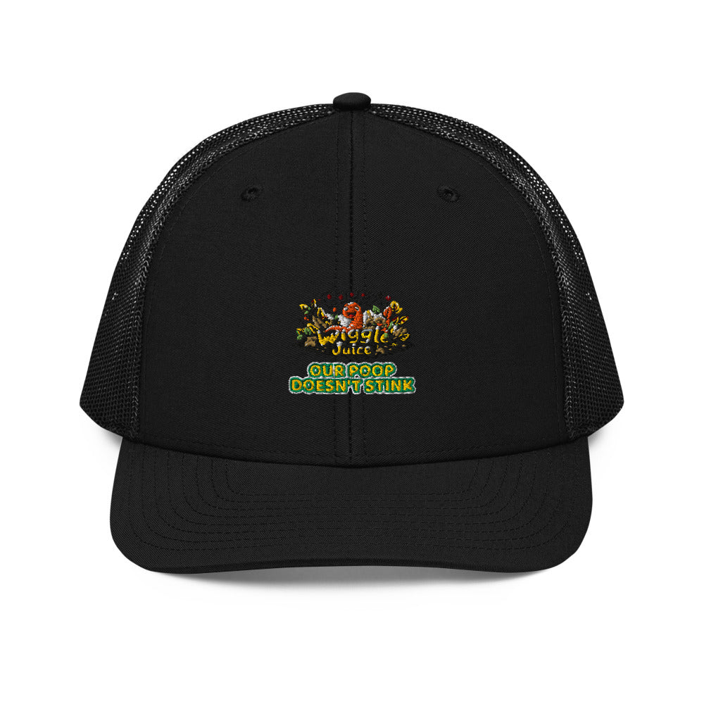 Poppy's Wiggle Juice snapback trucker cap in black, front view, with the Poppy the worm logo