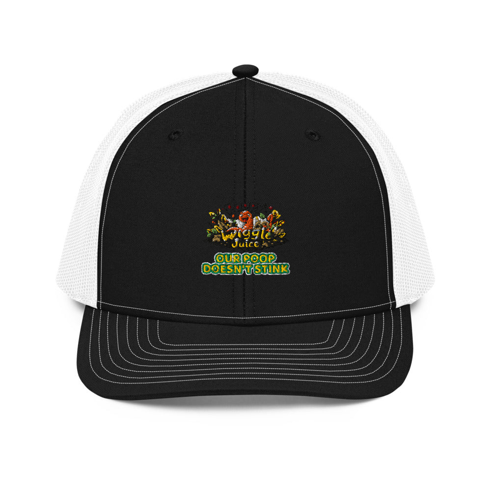 Poppy's Wiggle Juice snapback trucker cap in black / white, front view, with the Poppy the worm logo