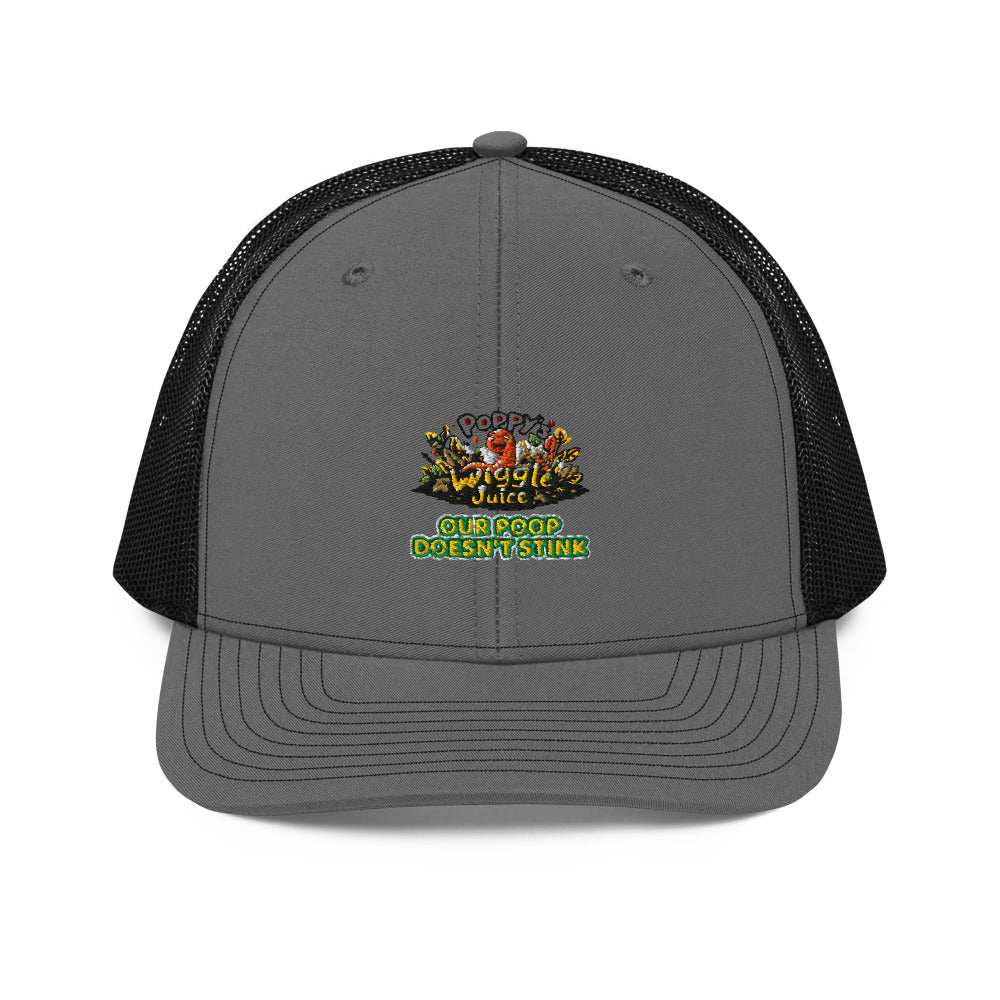 Poppy's Wiggle Juice snapback trucker cap in charcoal / black, front view, with the Poppy the worm logo