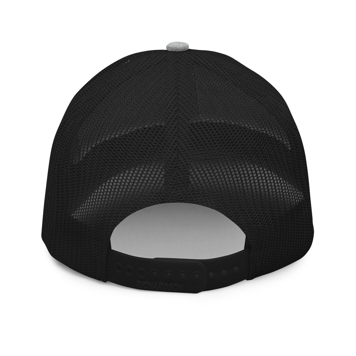 Poppy's Wiggle Juice snapback trucker cap in heather grey and black, back view