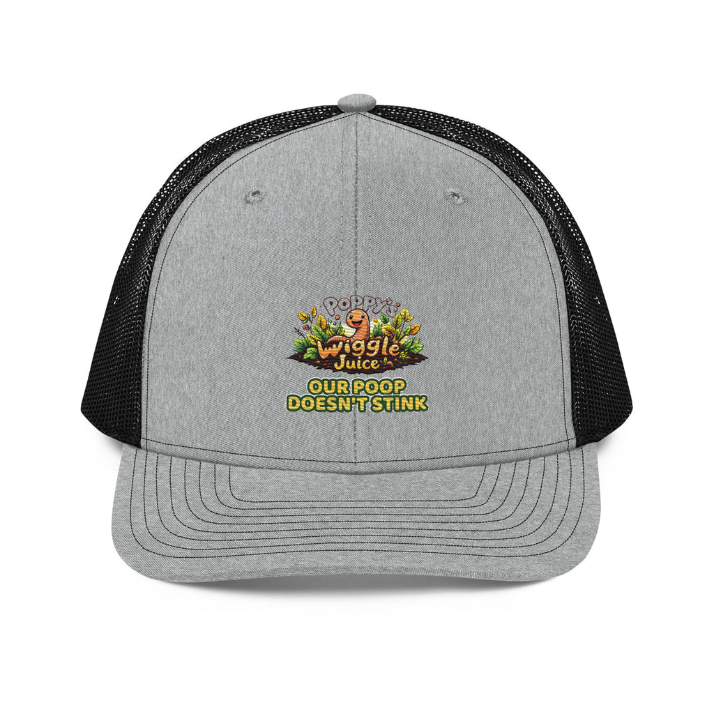 Poppy's Wiggle Juice snapback trucker cap in heather grey and black, front view, with the Poppy the worm logo