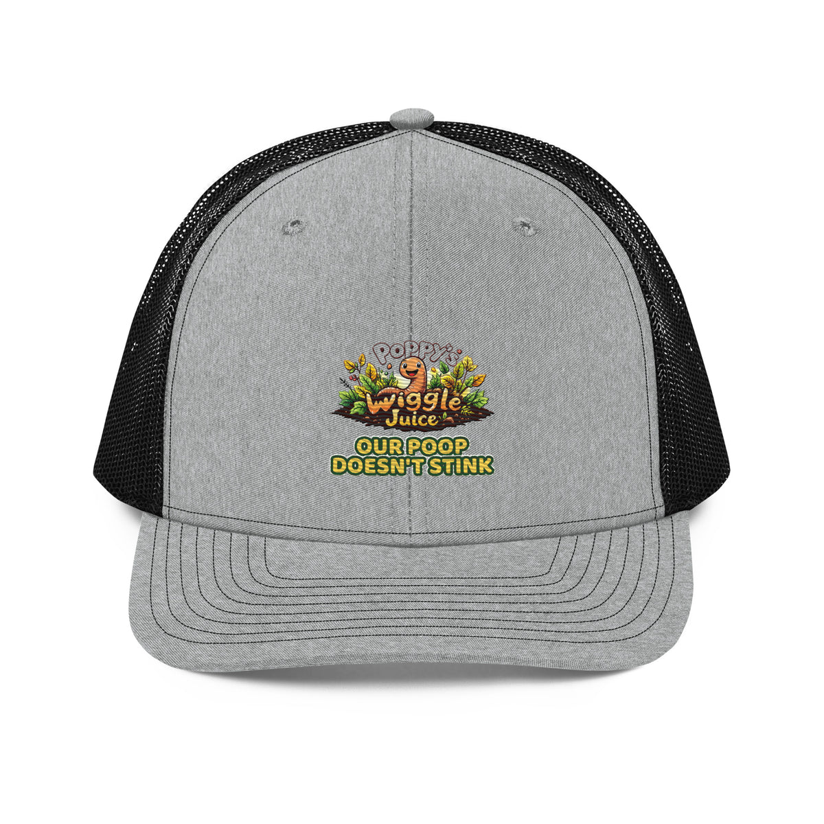 Poppy's Wiggle Juice snapback trucker cap in heather grey and black, front view, with the Poppy the worm logo