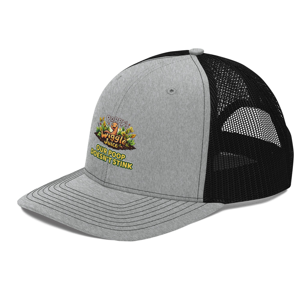 Poppy's Wiggle Juice snapback trucker cap in heather grey and black, left front view, with the Poppy the worm logo