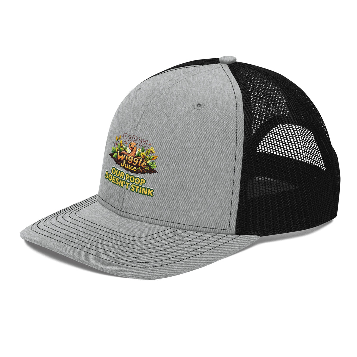Poppy's Wiggle Juice snapback trucker cap in heather grey and black, left front view, with the Poppy the worm logo