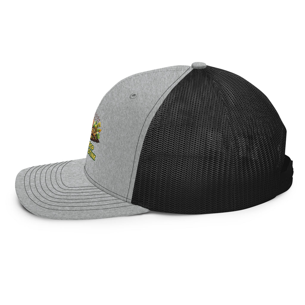 Poppy's Wiggle Juice snapback trucker cap in heather grey and black, left side view