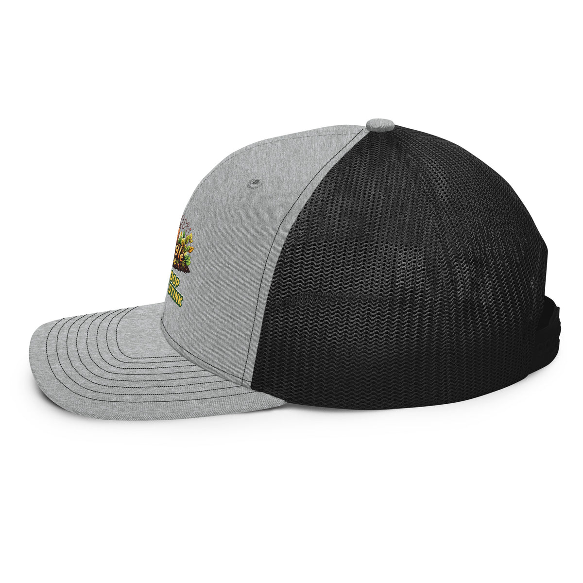 Poppy's Wiggle Juice snapback trucker cap in heather grey and black, left side view