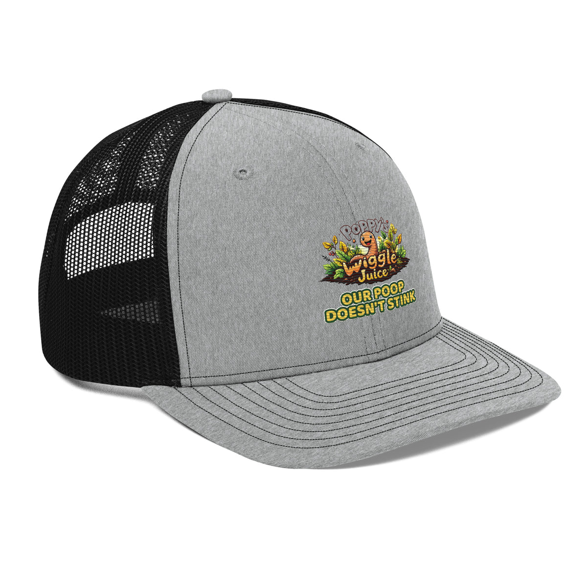 Poppy's Wiggle Juice snapback trucker cap in heather grey and black, right front view, with the Poppy the worm logo