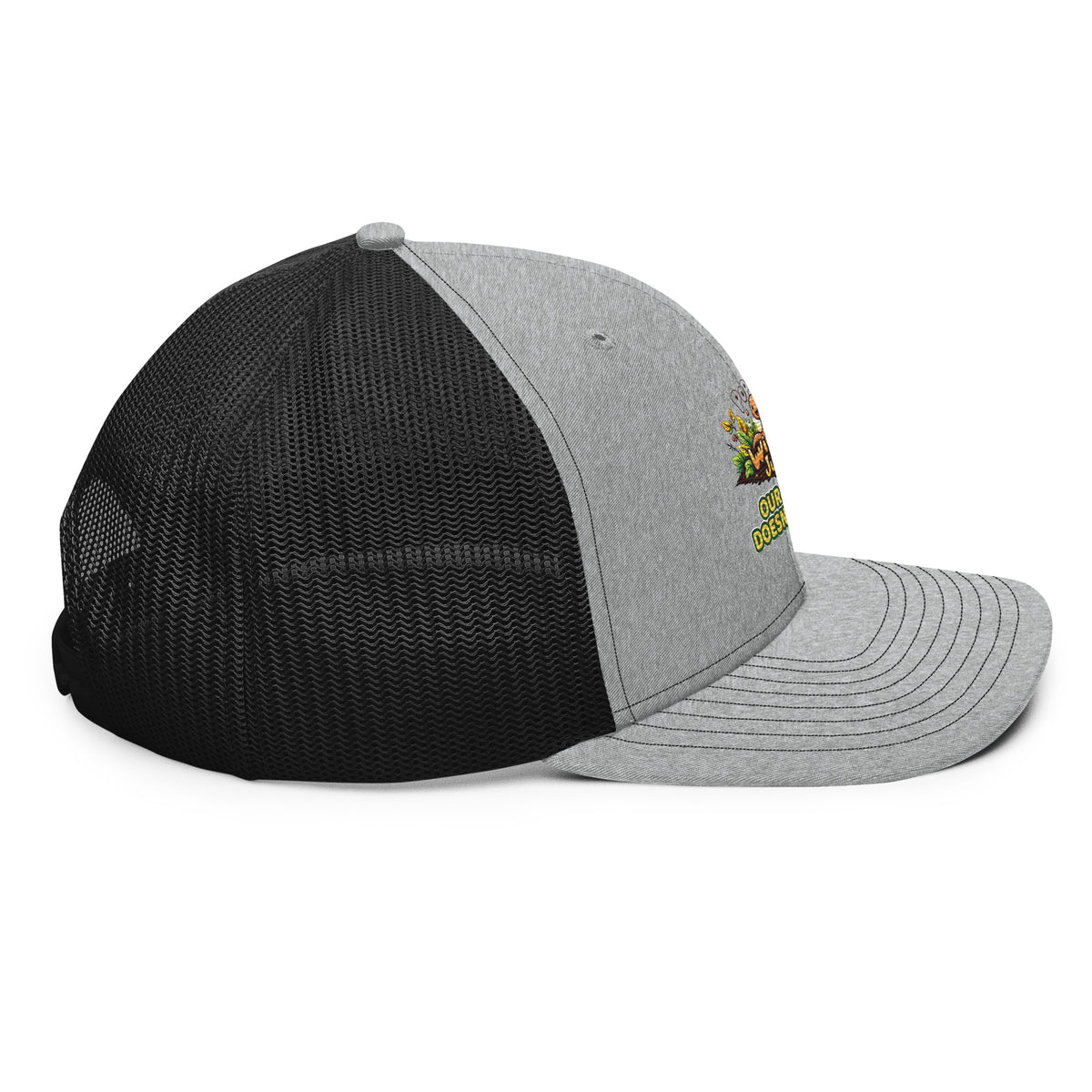 Poppy's Wiggle Juice snapback trucker cap in heather grey and black, right side view