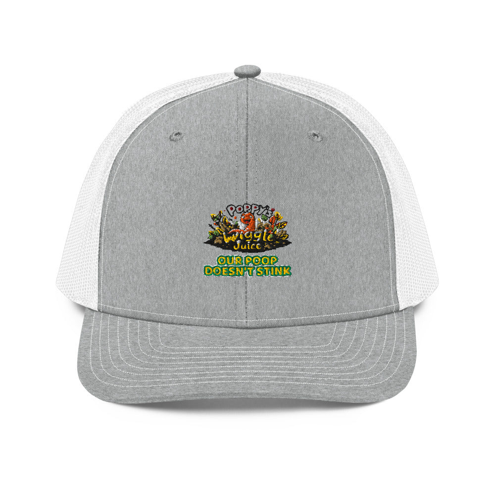 Poppy's Wiggle Juice snapback trucker cap in heather grey / white, front view, with the Poppy the worm logo