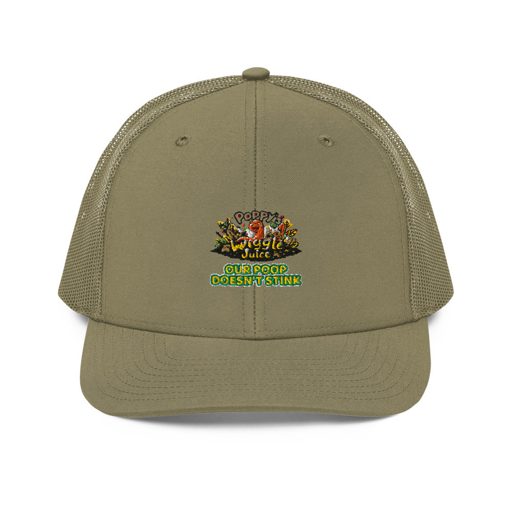 Poppy's Wiggle Juice snapback trucker cap in loden, front view, with the Poppy the worm logo