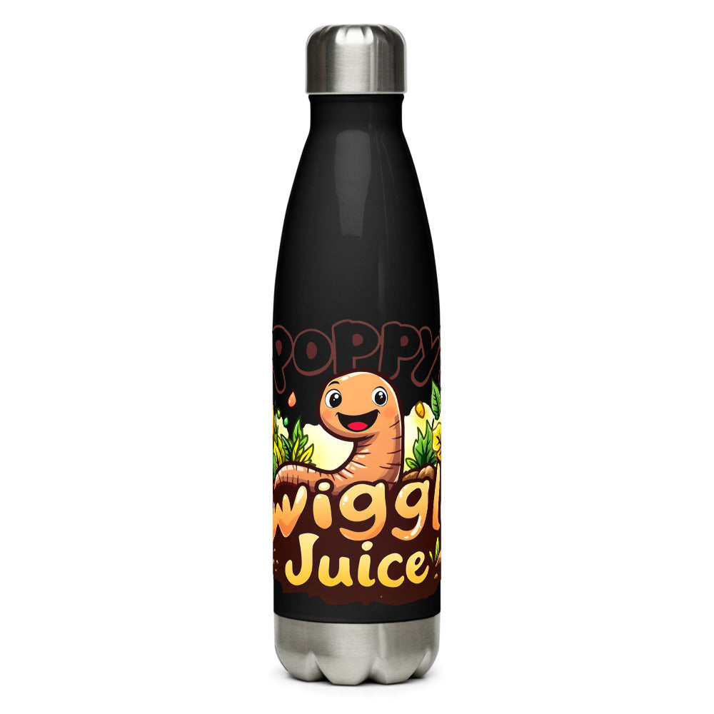 Poppy's Wiggle Juice 17 oz stainless steel water bottle in black, with the Poppy's Wiggle Juice logo
