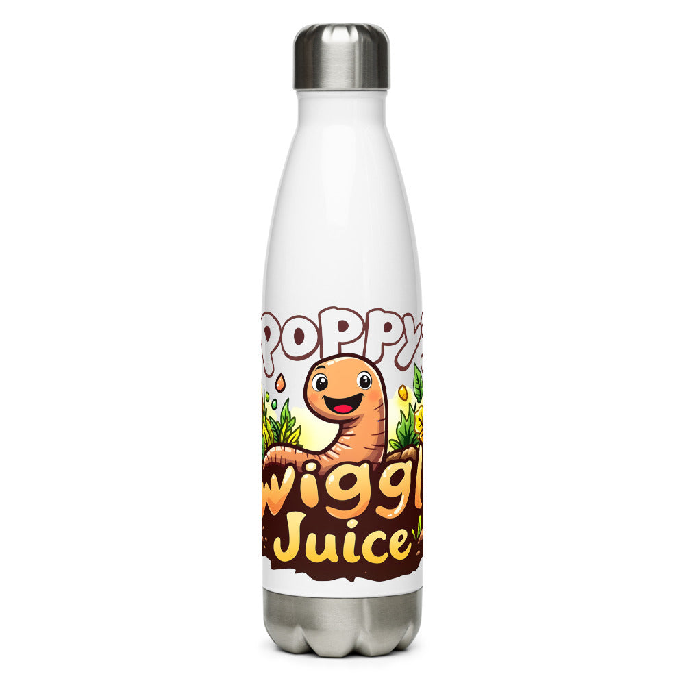 Poppy's Wiggle Juice 17 oz stainless steel water bottle in white, with the Poppy's Wiggle Juice logo