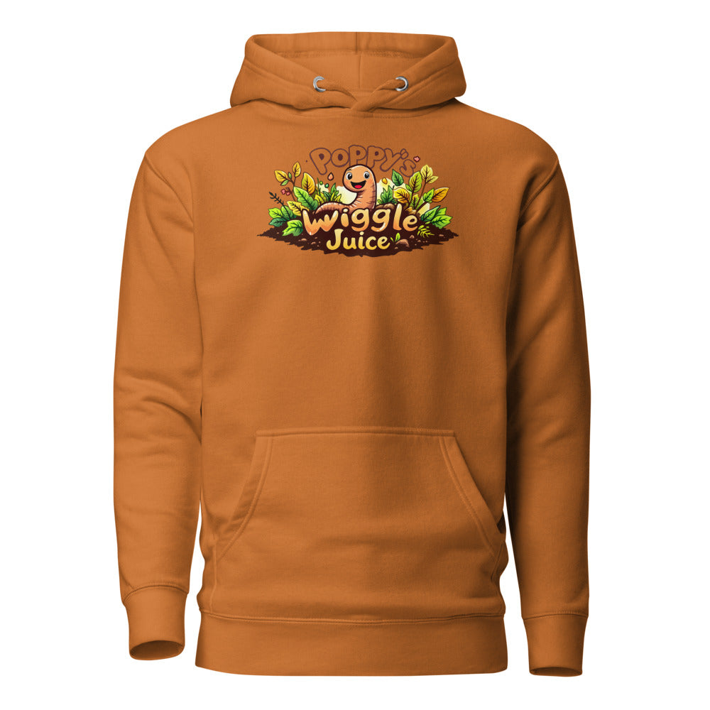 Poppy's Wiggle Juice pullover hoodie in adobe, front view, with the Poppy the worm logo