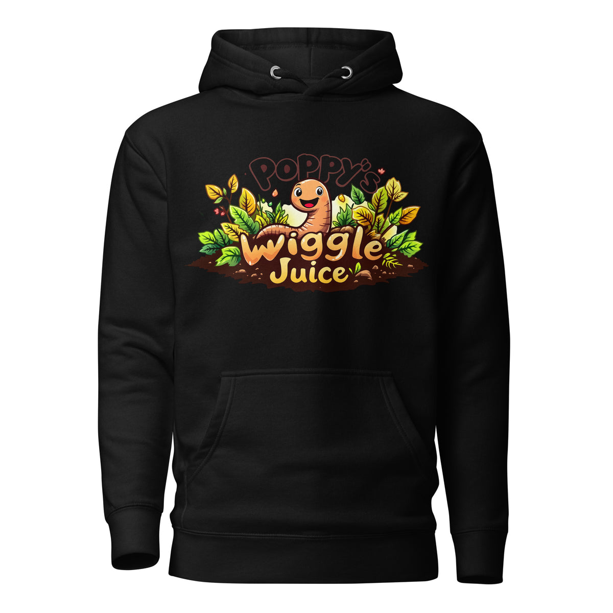 Poppy's Wiggle Juice pullover hoodie in black, front view, with the Poppy the worm logo