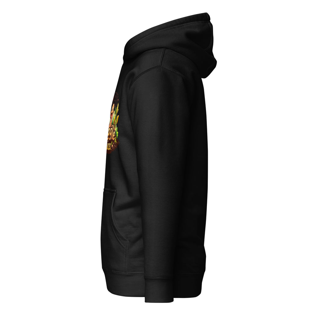 Poppy's Wiggle Juice pullover hoodie in black, left view