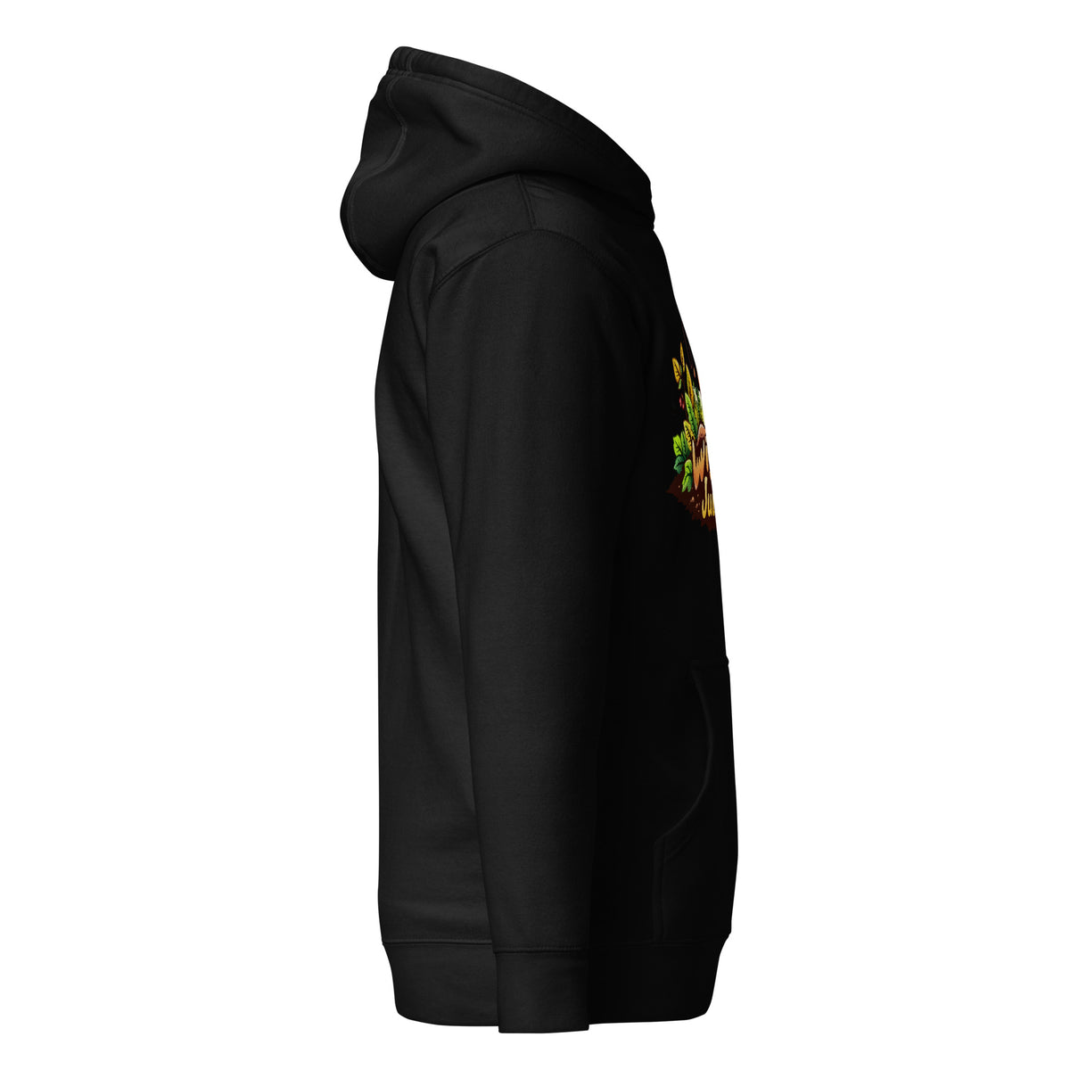 Poppy's Wiggle Juice pullover hoodie in black, right view