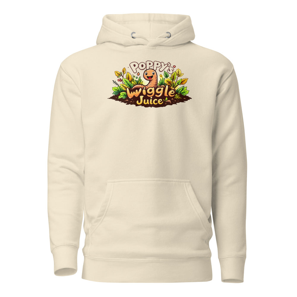 Poppy's Wiggle Juice pullover hoodie in bone, front view, with the Poppy the worm logo
