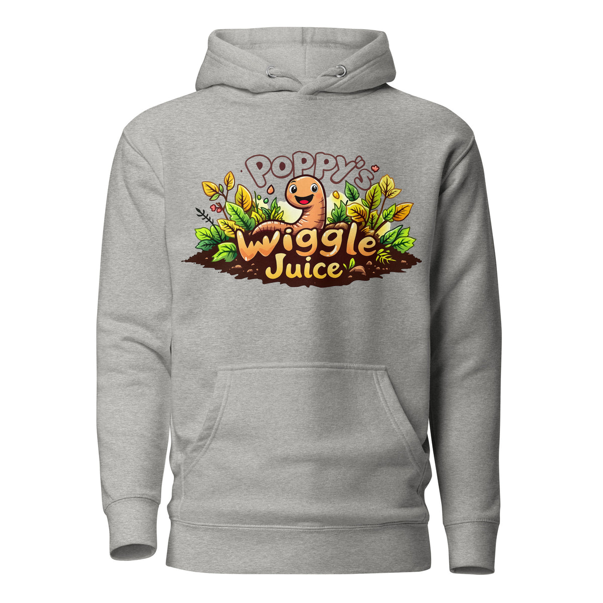 Poppy's Wiggle Juice pullover hoodie in carbon grey, front view, with the Poppy the worm logo