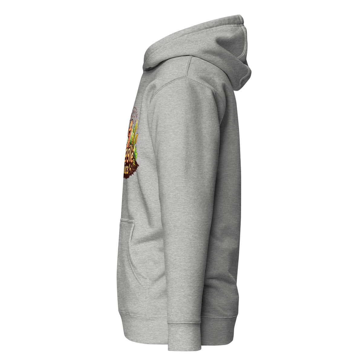 Poppy's Wiggle Juice pullover hoodie in carbon grey, left view