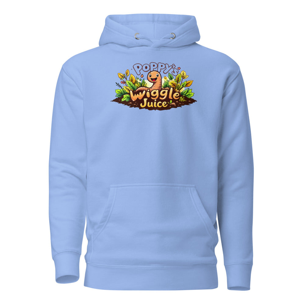 Poppy's Wiggle Juice pullover hoodie in carolina blue, front view, with the Poppy the worm logo