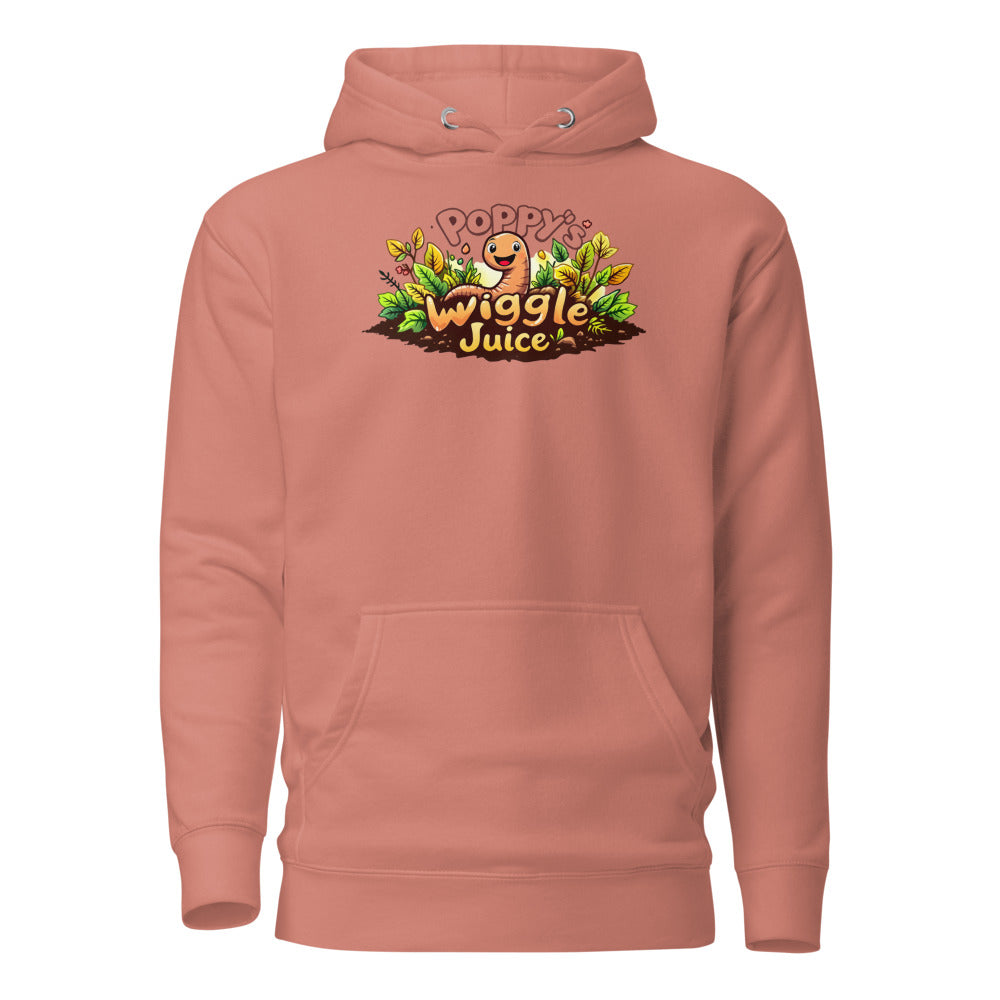 Poppy's Wiggle Juice pullover hoodie in dusty rose, front view, with the Poppy the worm logo