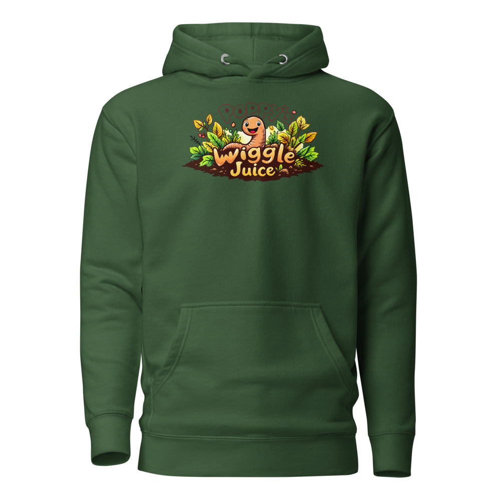 Poppy's Wiggle Juice pullover hoodie in forest green, front view, with the Poppy the worm logo