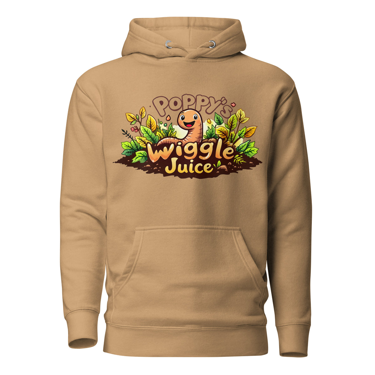 Poppy's Wiggle Juice pullover hoodie in khaki, front view, with the Poppy the worm logo