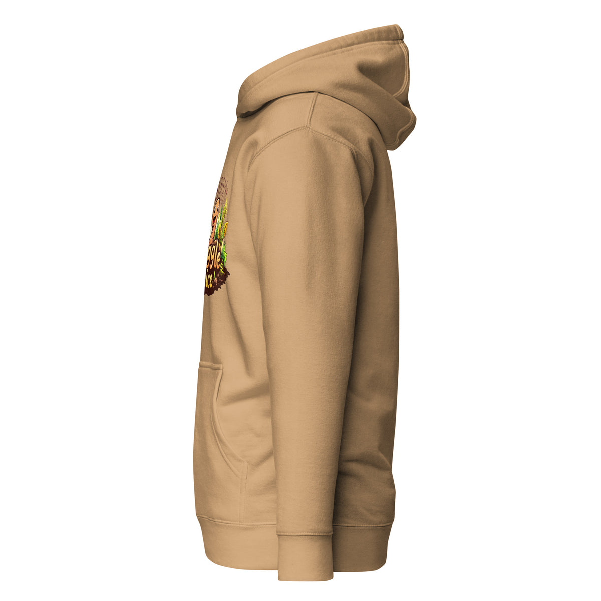 Poppy's Wiggle Juice pullover hoodie in khaki, left view