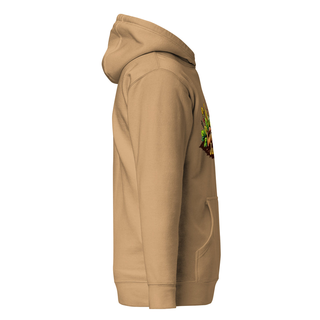 Poppy's Wiggle Juice pullover hoodie in khaki, right view