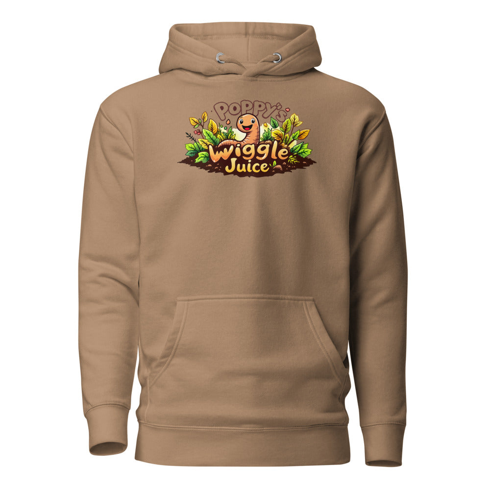 Poppy's Wiggle Juice pullover hoodie in latte, front view, with the Poppy the worm logo