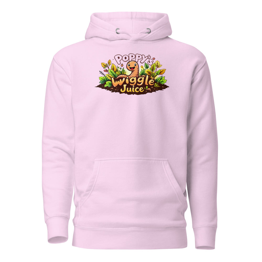 Poppy's Wiggle Juice pullover hoodie in lavender, front view, with the Poppy the worm logo